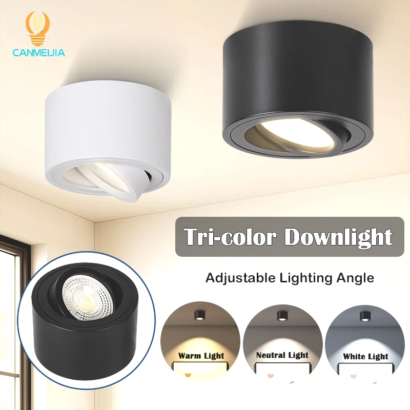 LED Downlight 3Color Adjustable Angle Ceiling Spotlight Surface Mounted Interior Bedroom Living Room Shop Home Decoration