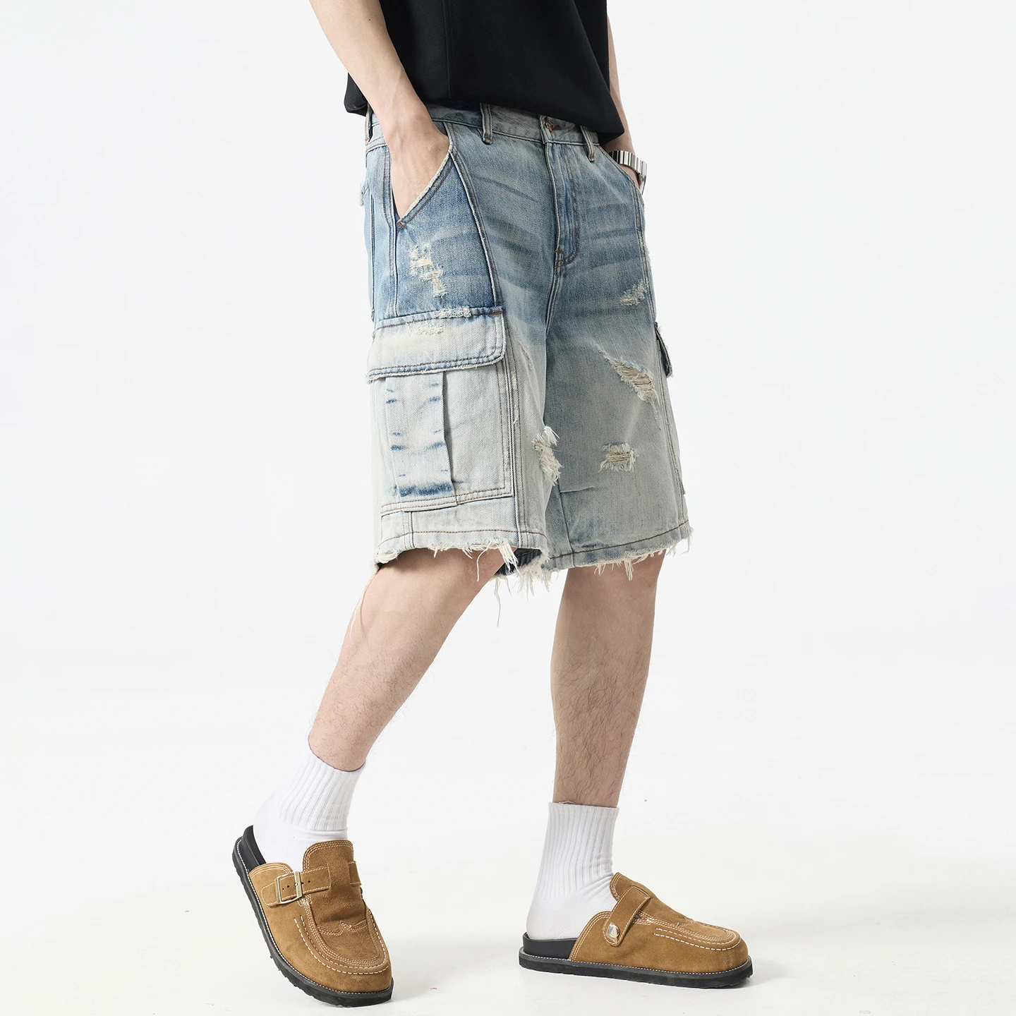 Denim Jorts Men Summer Streetwear Fashion Loose Casual Broken Denim Ripped Cargo Shorts Baggy Jeans Pants  Plus Size Short Jeans