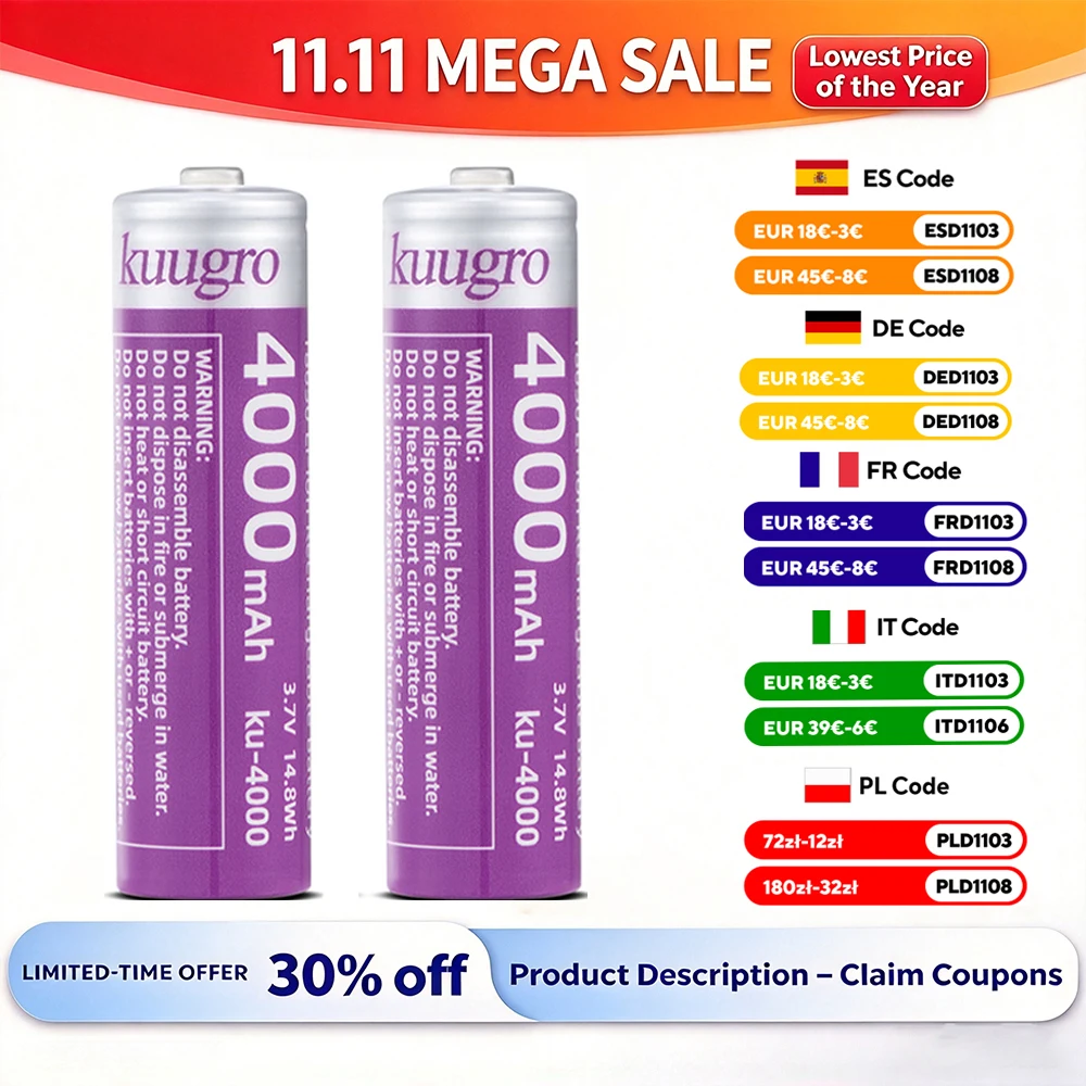 Kuugro Ku-4000 Pointed Battery 18650 4000mAh 3.7V Highest Capacity Rechargeable Lithium Batteries 12A Discharge for Flashlight
