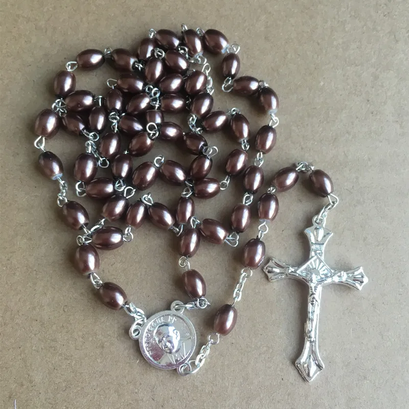 

5pcs/pack 8*6mm oval glass faux pearl rosary with silver plating chain necklace,pope Francisco center and Jesus cross