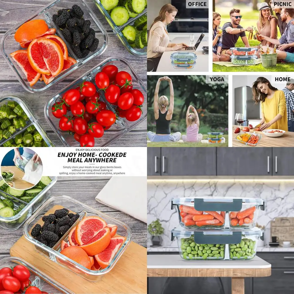 Juego de 10 recipientes de vidrio para preparación de comidas de 30 oz con 2 compartimentos, cajas Bento a prueba de fugas, aptos para microondas, horno, congelador, lavavajillas