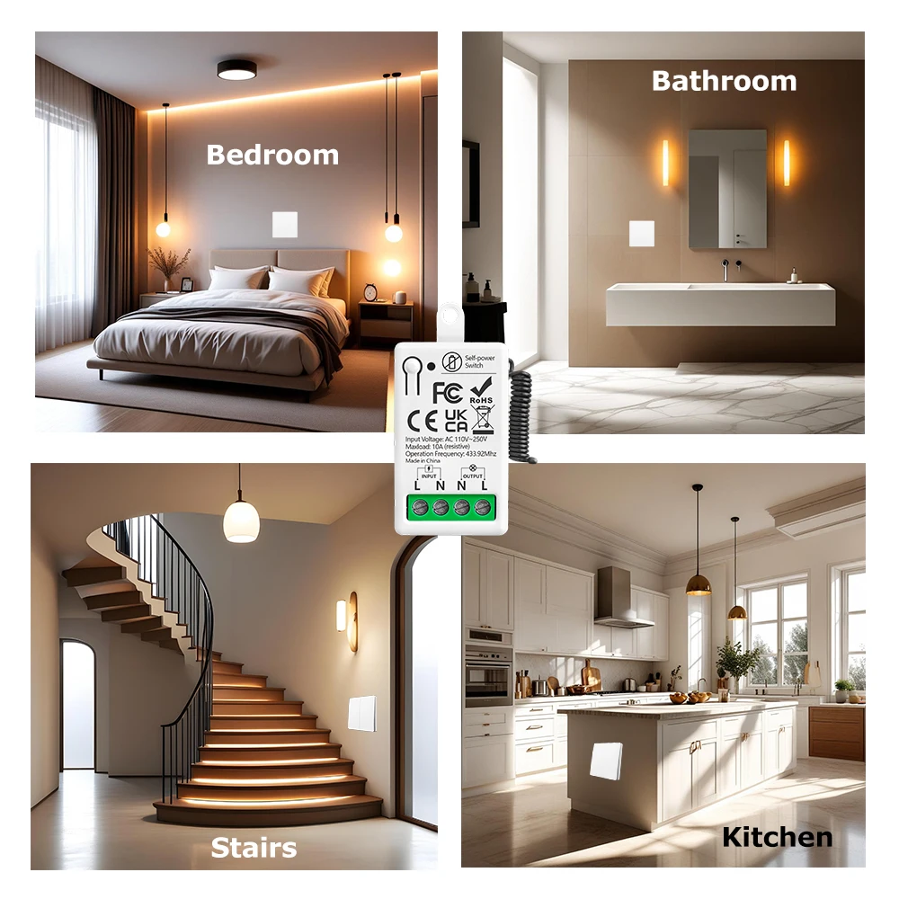 433MHz Wireless Light Switch No Need Battery AC 110V 220V Self-Powered Receiver and RF 86 Wall Switch for Home Appliance LED
