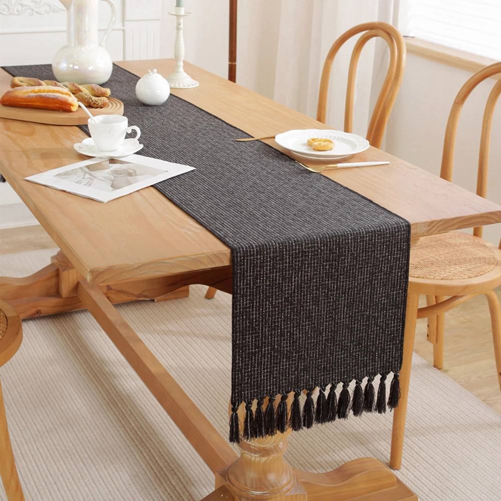 Modern Tassel Table Runner Black Dining Table Runners with Cotton Linen Table Cloth for Home Hotel Wedding Tablecloth Decoration