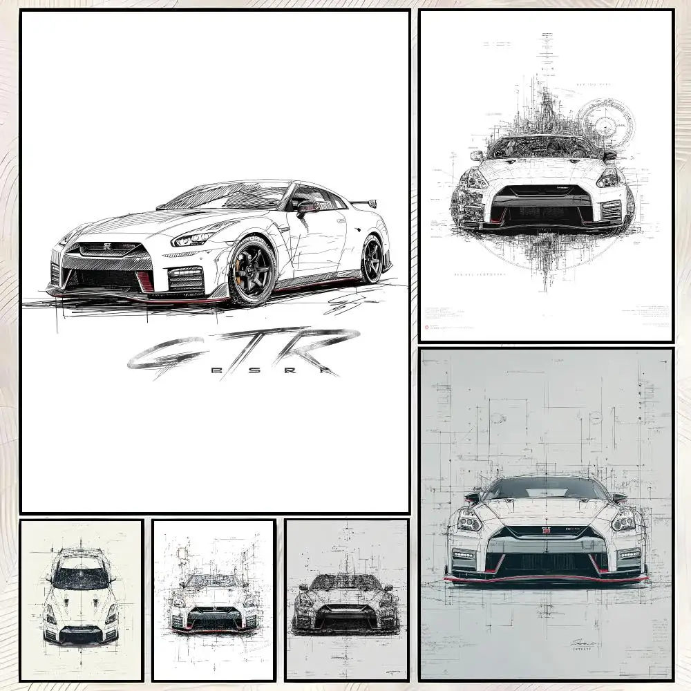 Car N-Nissan GTR-R35 Pencil Illustration Poster Vintage PP Paper Wall Art Home Decor Print for Bedroom Living Room Aesthetic