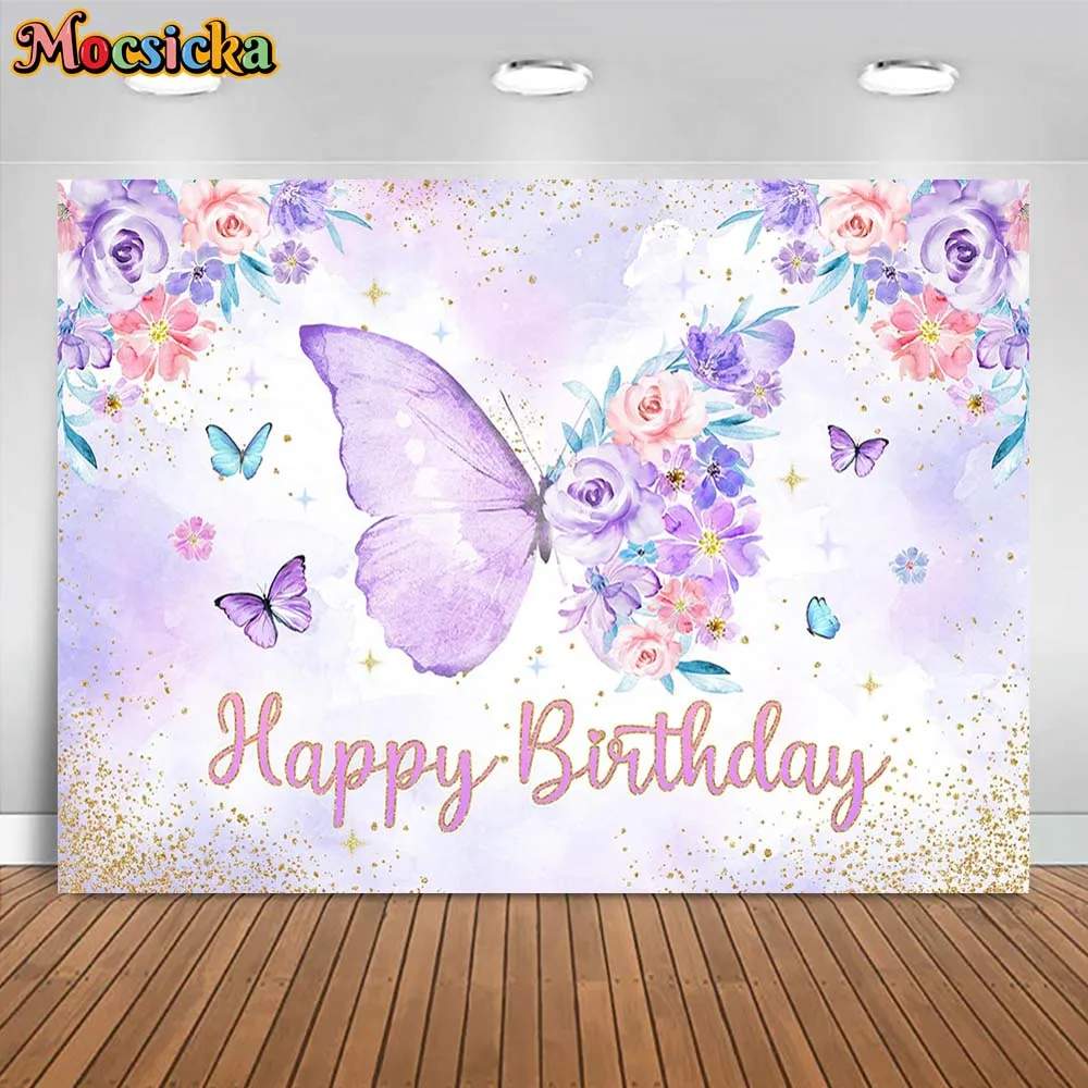 Mocsicka Kids Birthday Backdrop Purple Butterfly Flower Girl Birthday Party Decor Photo Background Banner Photocall Props Custom