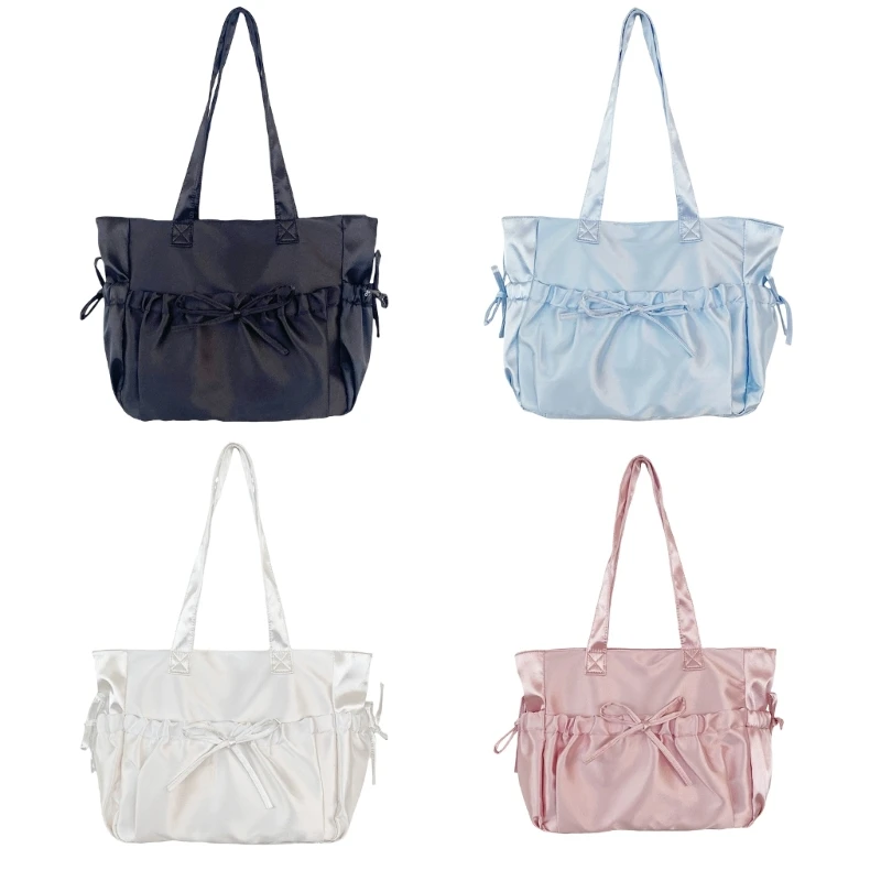 

Sweet Pleated Bows Shoulder Bag Solid Color Large Capacity Nylon Handbag Purse