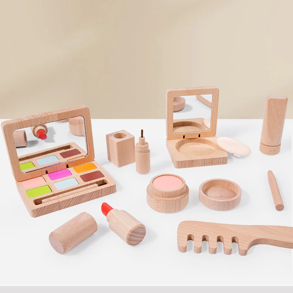 Fingir brinquedos de maquiagem para crianças meninas 1 conjunto kit de beleza de madeira conjunto de cosméticos das crianças presente de aniversário brinquedo de aprendizagem