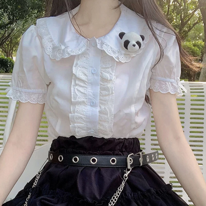 Y2K Women White Short Kawaii Bow Lace Up Patchwork Ruffles Female Short Blouse Korean New Peter Pan Collar Button Ladies Top