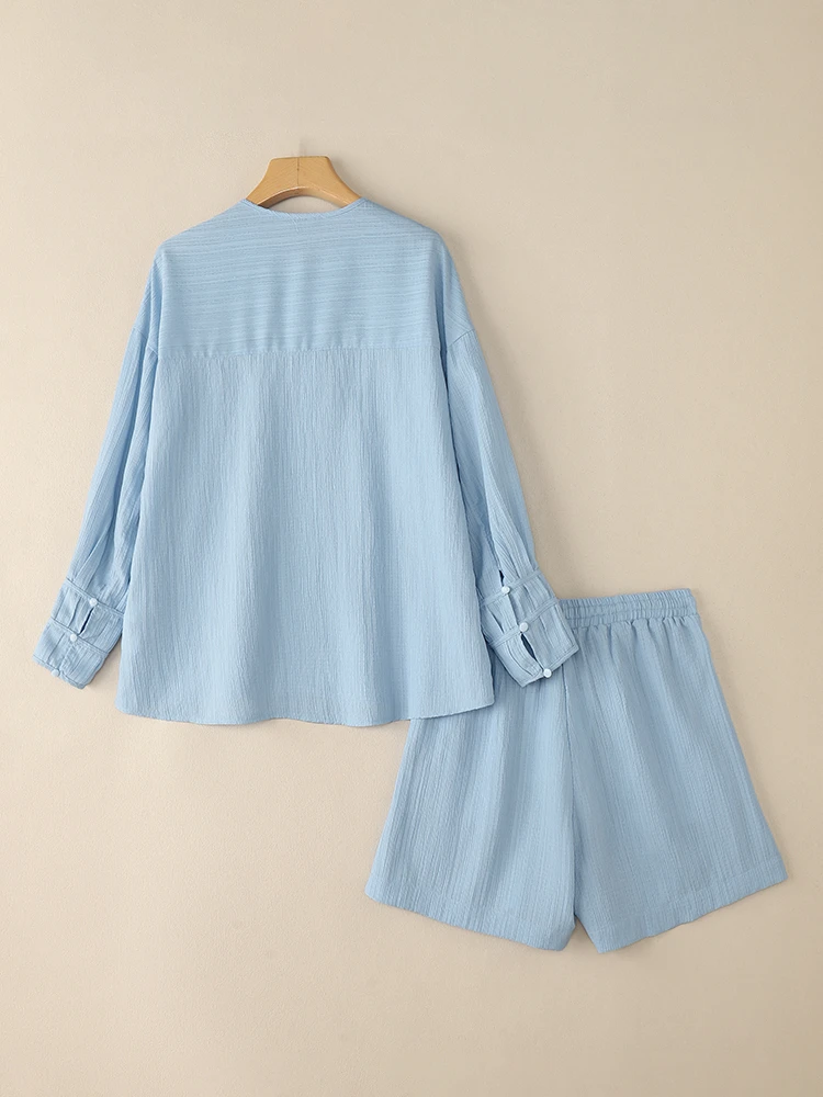 Set corti da donna moda VONDA 2025 Autunno Completi a due pezzi Camicie a maniche lunghe e pantaloncini in vita elastica Set coordinati solidi