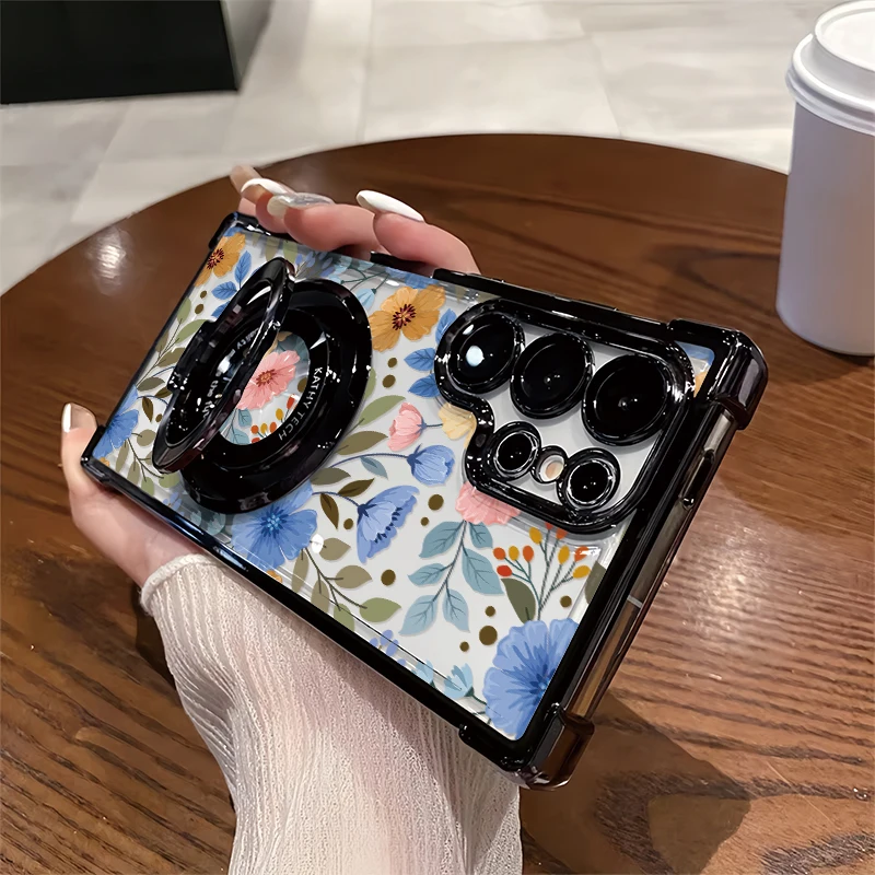 Luxury Plating Phone Case For Samsung Galaxy S23 Ultra S22+ 5G S21 Plus S20 FE Shockproof Stand Holder Pattern Flowers Cover