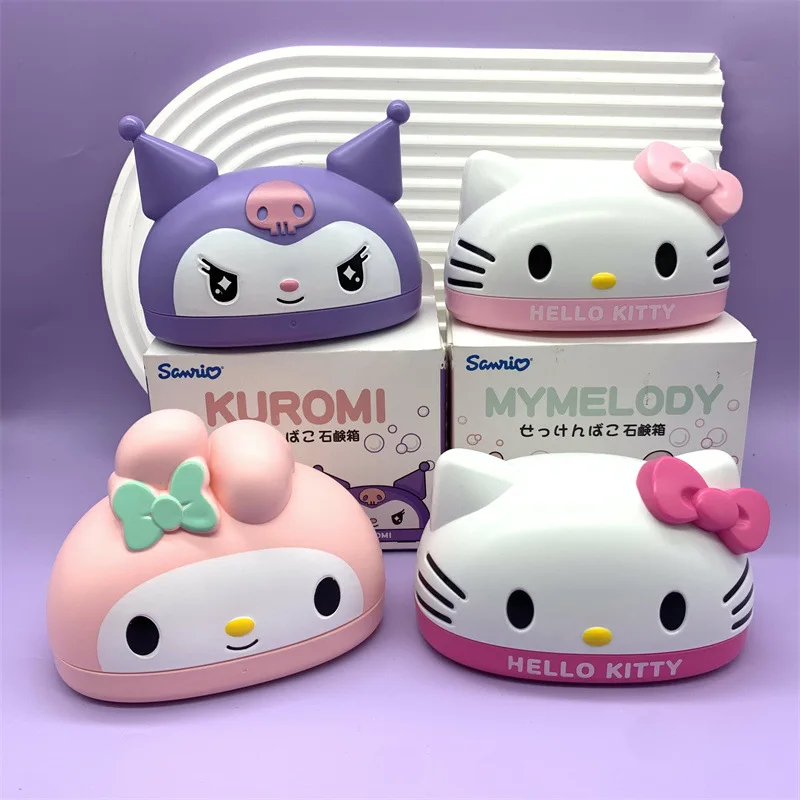 Caja de jabón Kawaii Kuromi Hello Kitty Melody, Linda figura de Sanrio, soporte de jabón de baño, escurridor con cubierta, juguete de corazón para