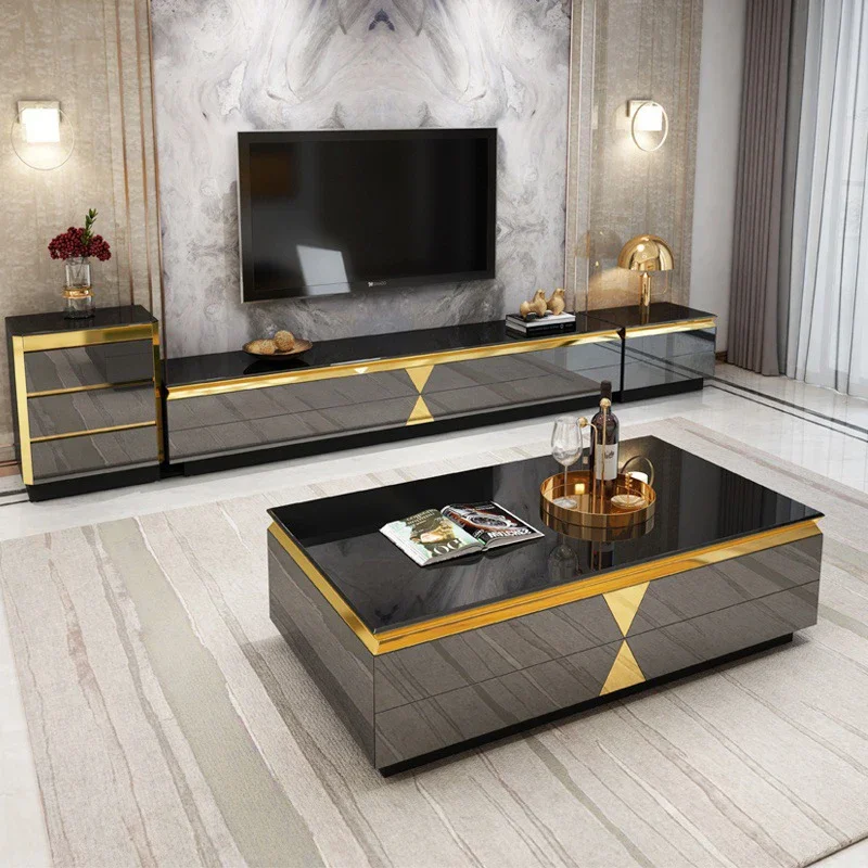 Living room furniture set metal center coffee table with modern luxury glass TV stand with drawers