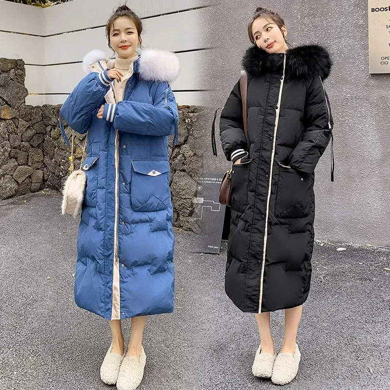 Women Extra Long Duck Down Jackets Hooded Raccoon Fur Collar Coats Plus Size Thickened Slim Warm White Winter Clothing Ladies