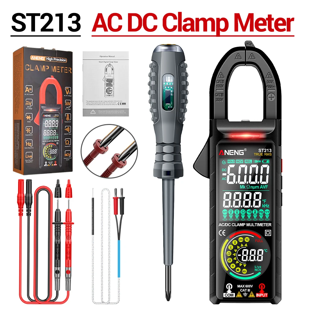 

ST213 Digital Multimeter Clamp Meter 6000 CountsTrue RMS Amp DC/AC Current Clamp Pliers Voltmeter CAT III 600V Dual Screen Tools