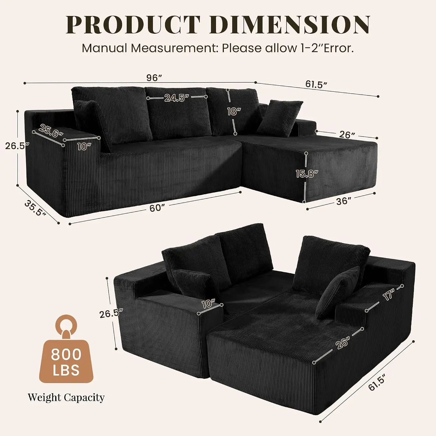 Black Cloud Sectional Boneless Couches Living Room Modular L Shaped Couch Deep Seat Oversized Right Facing Chaise Memory Foam Co