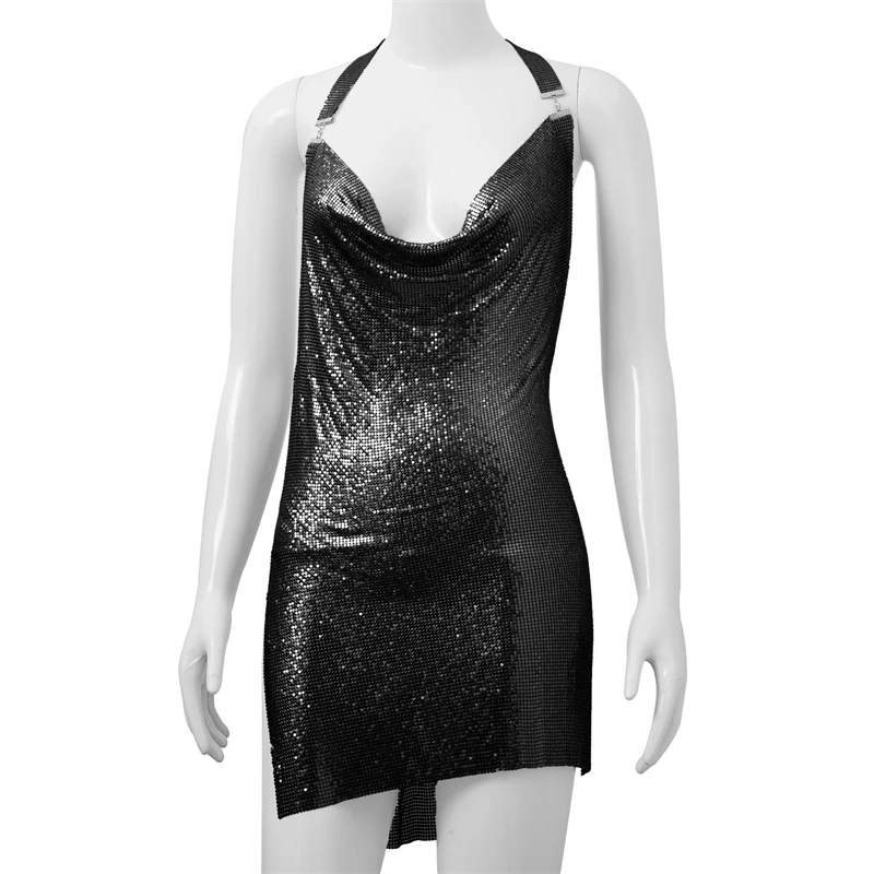 Damen Glänzendes Kettenhemd-Minikleid mit Neckholder und Wasserfallausschnitt für Nachtclub und Abendpartys, Modische Metall-Pailletten-Kleidung, Geschenk für Mädchen und Damen – Detail 8