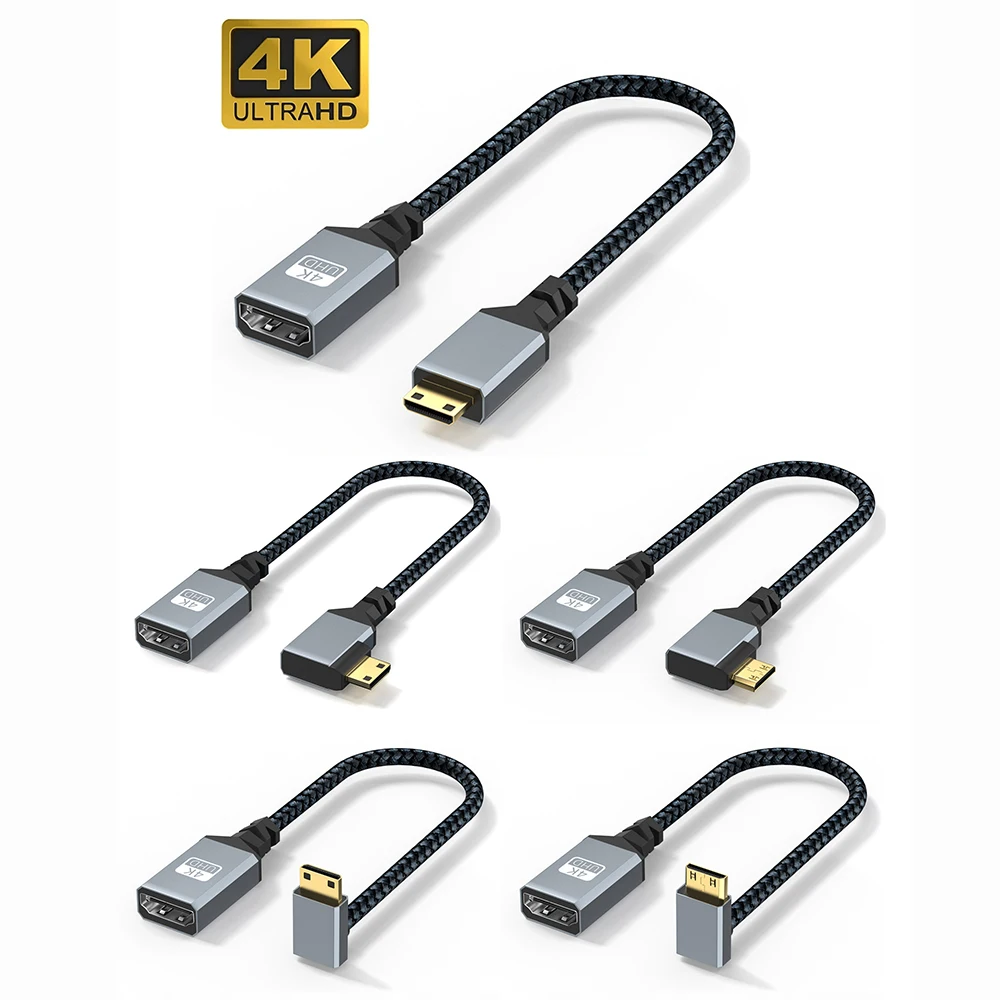 4K UHD Cable 90 Degree Mini/Micro HDMI-compatible Male to HDMI-compatible Female Adapter Cord for Tablet DSLR Camera DV Monitor