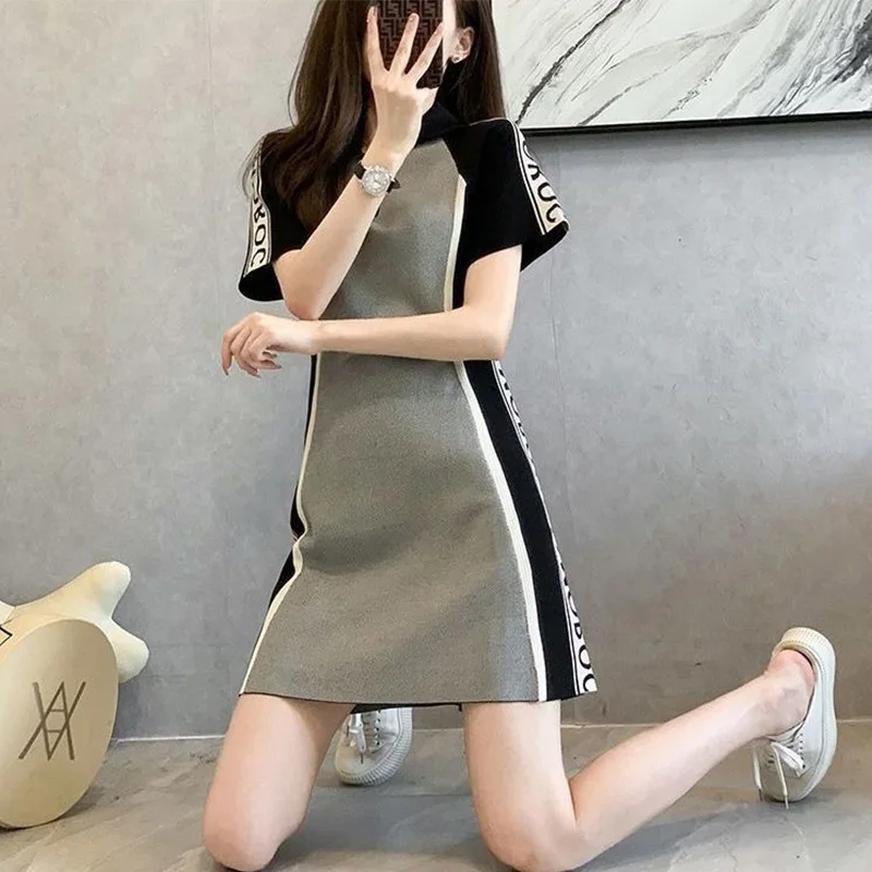 

Summer New Chic Letter Striped Patchwork Slim Short Sleeve Dresses Women Casual Zipper Turn-down Collar Cotton Vintage Dress
