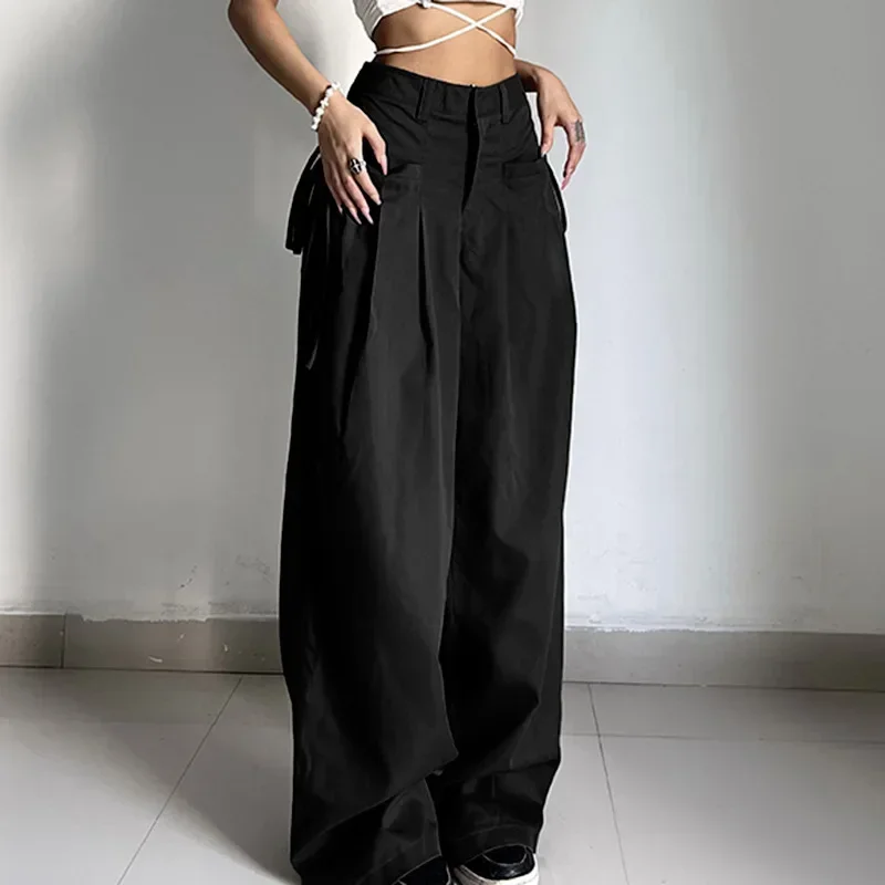 Shirring Casual Wide Leg Pants Women High Waist Street Basic Loose Sweat Trousers Korean Retro Gray Office Lady Pants