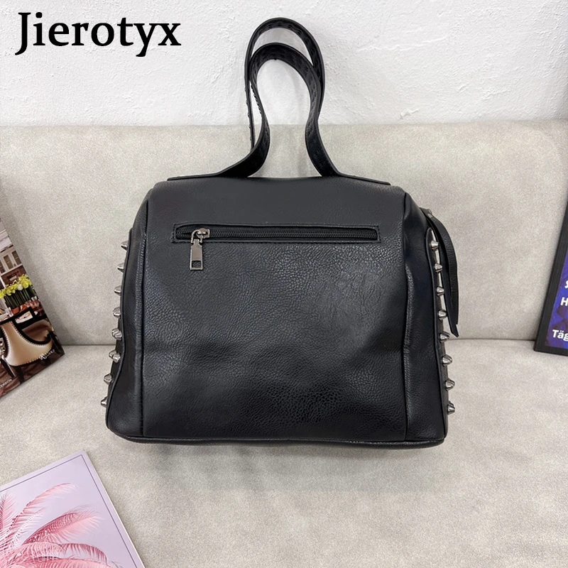 JIEROTYX Black Skull Handbag Tote Bags for Women Gothic Rivet Large Capacity Crossbody Purse Soft Leather Travel Shopping