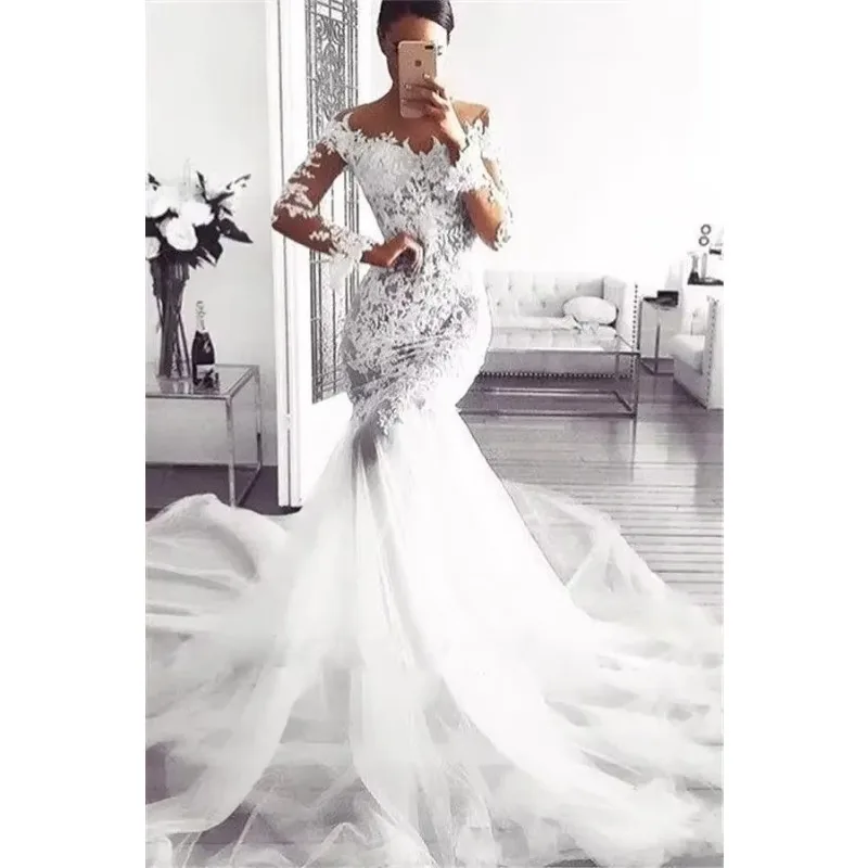 Customized New Off The Shoulder Lace Mermaid Wedding Dresses Sweep Robe Mariée Black Woman Cheap Long Sleeves Bridal Gowns