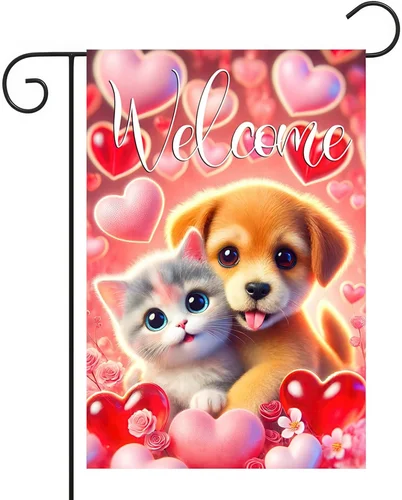 Valentine's Day Garden Flag for Outside 12x18 Inch Romantic Puppy and Kitten Yar JJE DDI GGX