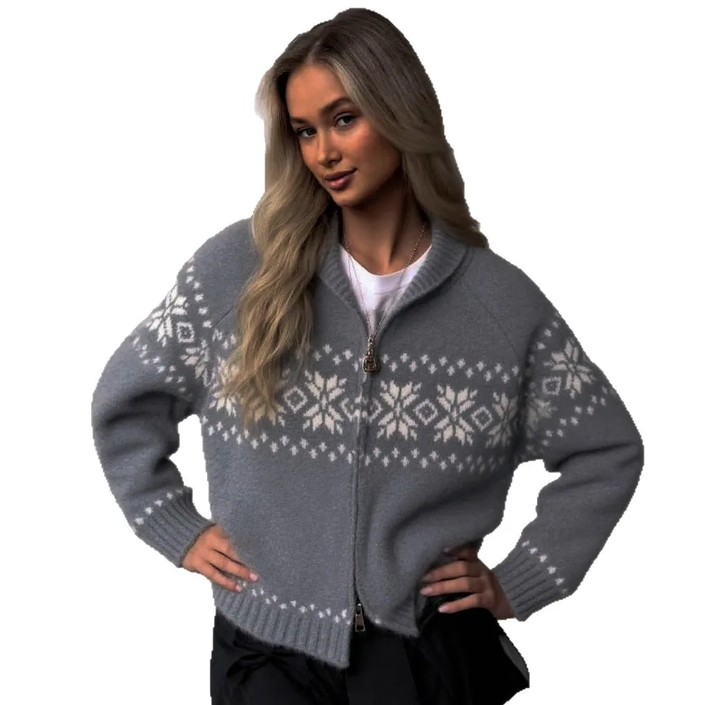 2025 خريف شتاء جديد ريترو كتلة اللون الجاكار فضفاضة طويلة الأكمام المرأة تنوعا معطف تريكو غير رسمي