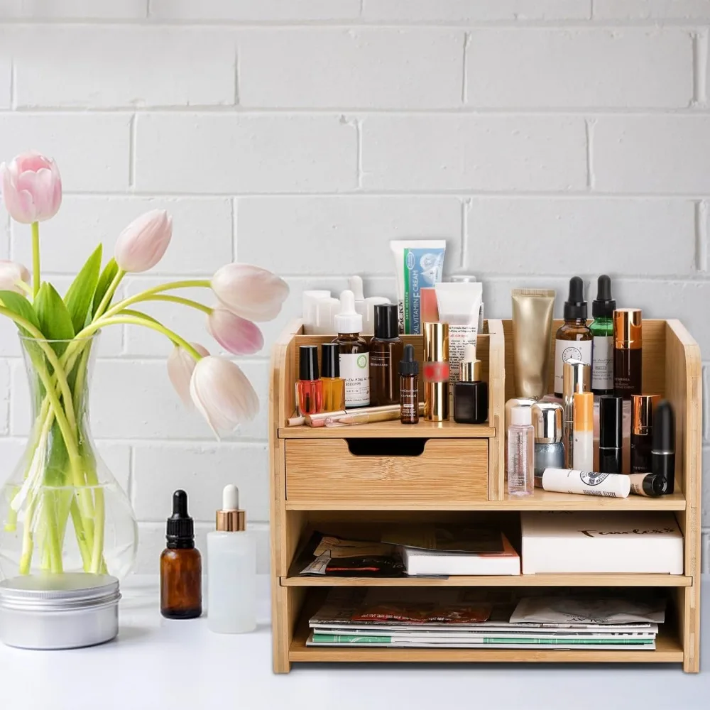 منظم سطح المكتب من الخيزران مع درج، منظم مستندات مكتب خشبي من 3 طبقات مع حامل قلم، تخزين قرطاسية الطاولة O