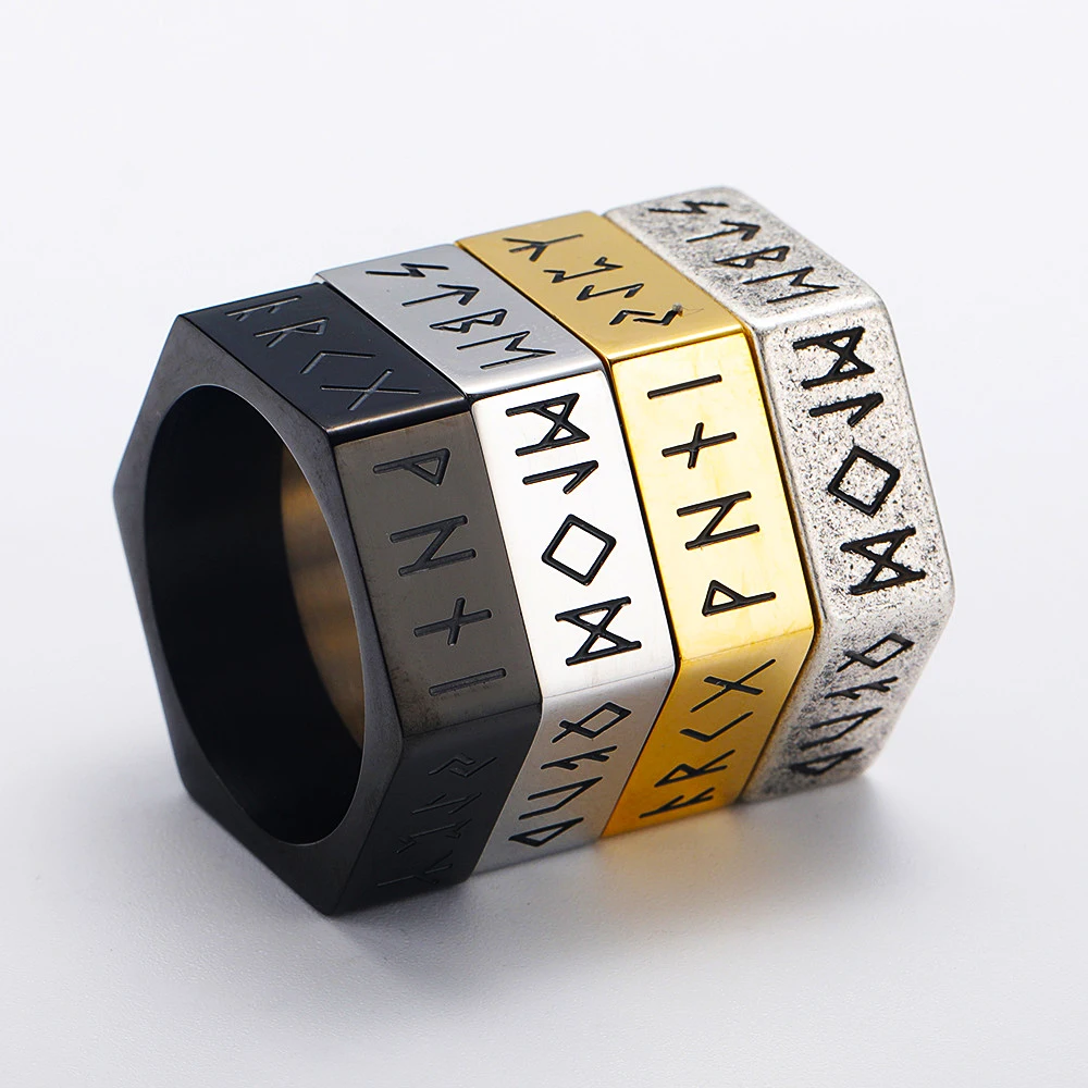 

New Viking Rune Rings for Men Women Retro Punk Rock Culture Hexagonal Stainless Steel Nordic Ring Fashion Jewelry Free Shipping