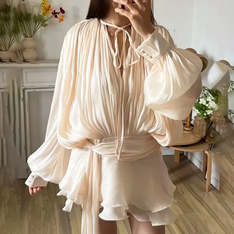 

Ticketsx Women V Neck Ruffle Mini Dress Solid Patchwork Lace Up Long Sleeve Pleated Short Dress Autumn High Waist Party Clubwear