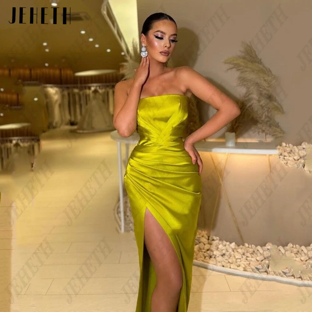 JEHETH Sexy Sleeveless Evening Gowns For Woman Satin Mermaid Strapless Prom Party Dress Side Split Modern vestidos de noche