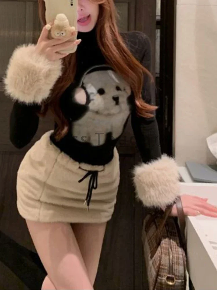 Autumn Korean Sweet Chic Two Piece Set Women New Retro Tops + Short Skirt Suit Spice Girl Sexy Slim Cartoon Print Style Clothes