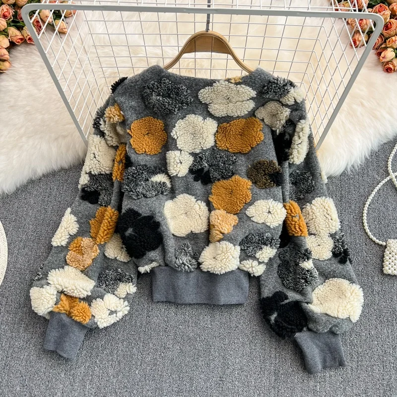 

Chic Vintage round Ne Floing Flower Single Button Loose Bubble Sve Open Cardigan ort Jaet Women's Faion Outerwear