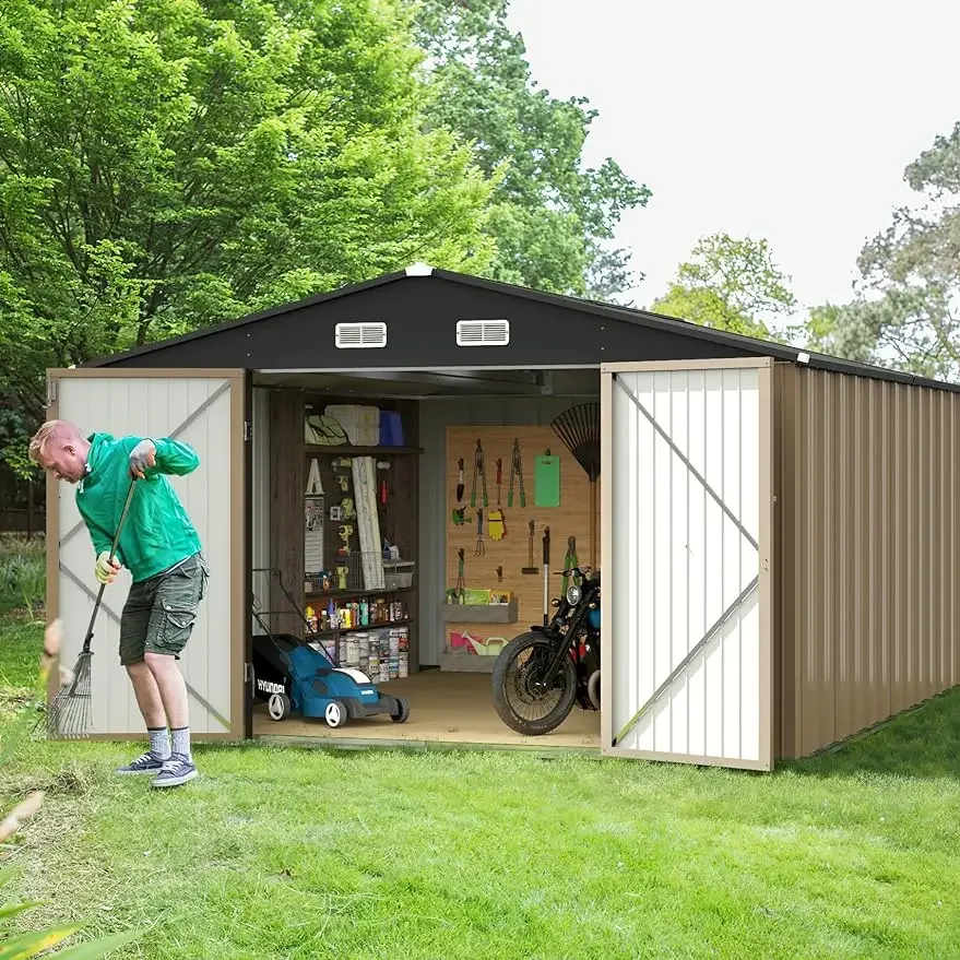 10 x 10 FT Outdoor Storage Shed Metal Garden Shed with Lockable Door Outside Waterproof Tool Shed for Backyard, Gray