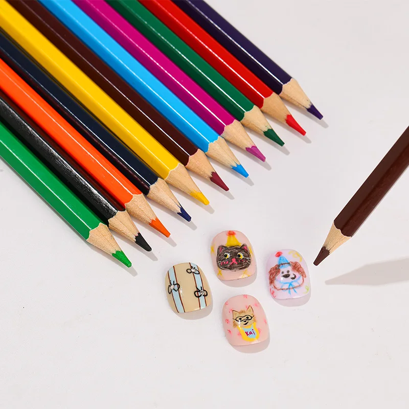 KANIU 12 Colors Water Soluble Colored Pencils 18.2X3.4 CM Non-Fade Graffiti Nail Art Set Professional Nail Artist Painting Tools