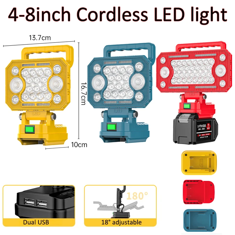 Portable Cordless Led work light For Dewalt/Makita/Milwaukee 18V Lithium-ion battery With Dual USB Interface Handle Flashlight