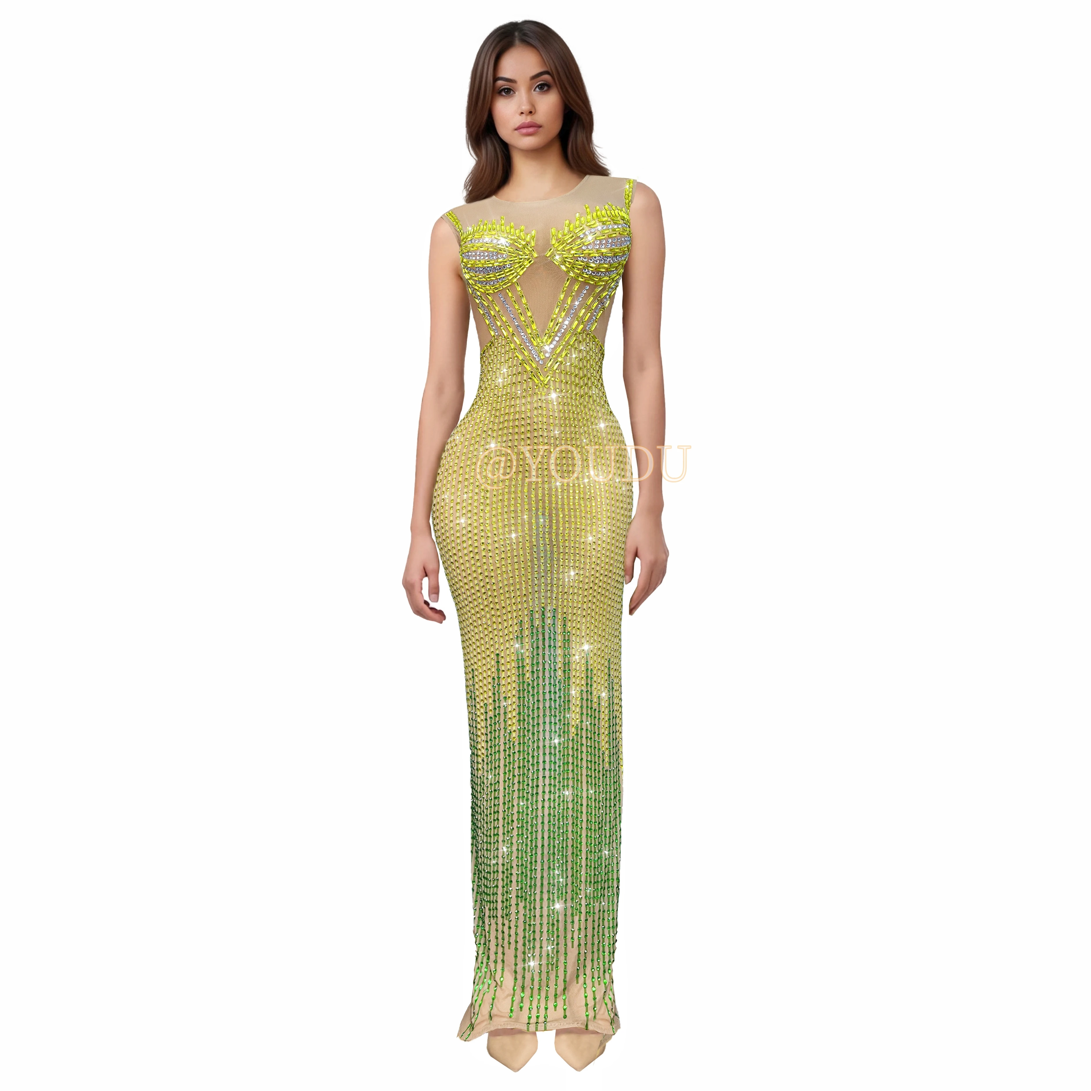

New Luxury Evening Gown Sparkly Rhinestones Trim fit Mesh Dress Party Celebrate Outfit Red carpet Show Stage Costume Huangfeicui