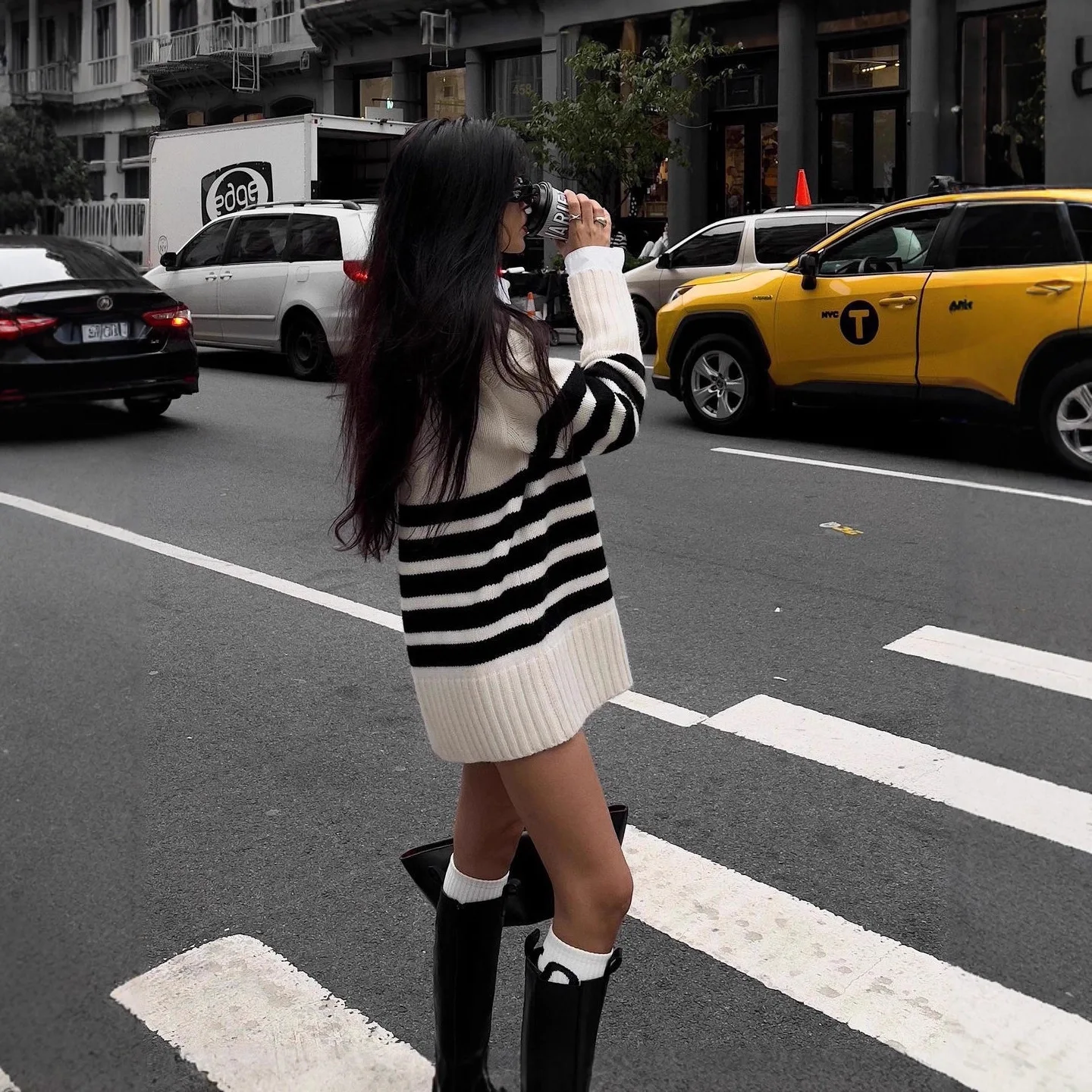 2025 nova moda impressa camisola de malha feminina outono casual solto listrado meia tartaruga pescoço manga longa topo para mulher