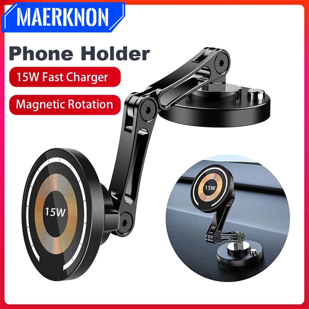 

15W Car Magnetic Wireless Charger Adjustable Metal Mobile Phone Holder Fast Charging Dock Station For iPhone 15 14 13 12 Pro Max