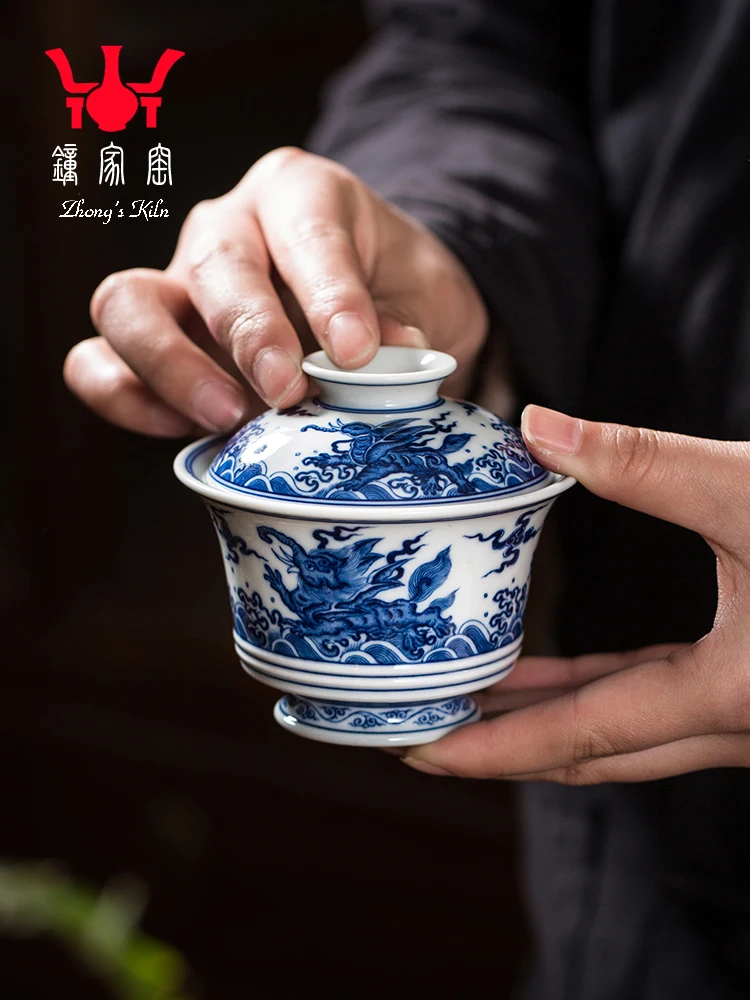 

Zhongjia Lid Bowl Cup Jingdezhen Chai Kiln Blue And White Hand Painted Sea Water Flying Elephant Pattern Kung Fu Tea