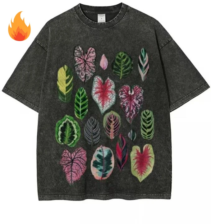 Tropical Rainforest Leaf Graphic T Shirt Men Vintage Acid Wash Oversized Tee Cottagecore Aesthetic Botanical Heavy Cotton Tops 2026