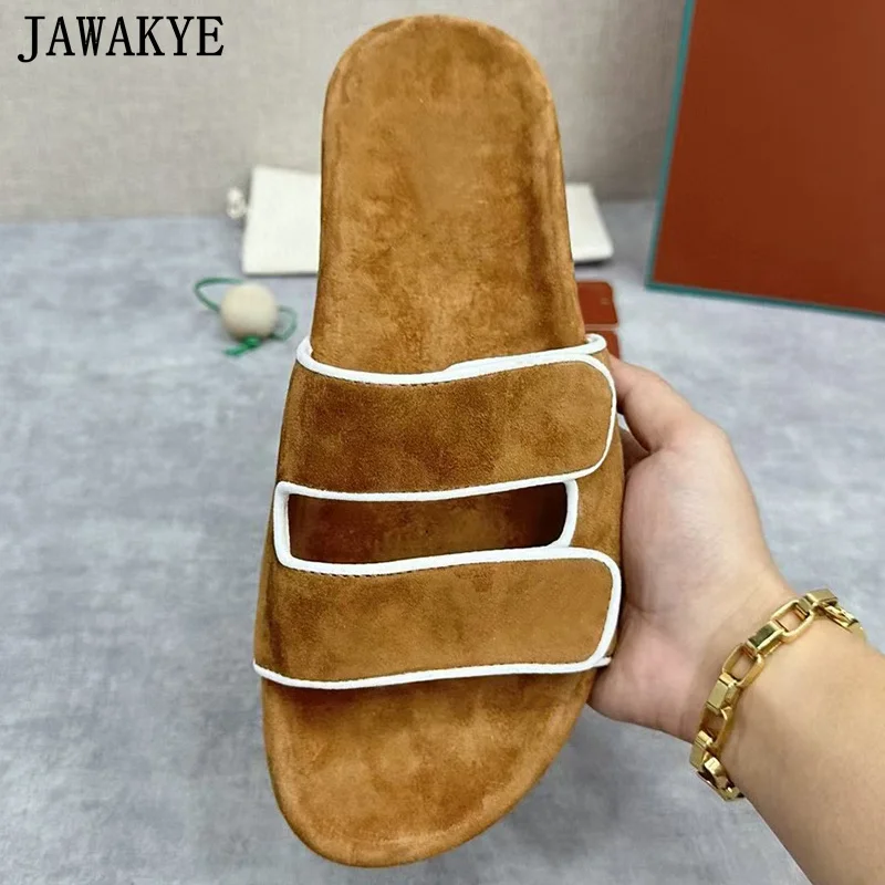 

Designer Brand Flat Slippers Men Hollow Out Suede Flat Casual Summer Walk Shoes Male Platform Slides Runway Beach Slippers Men