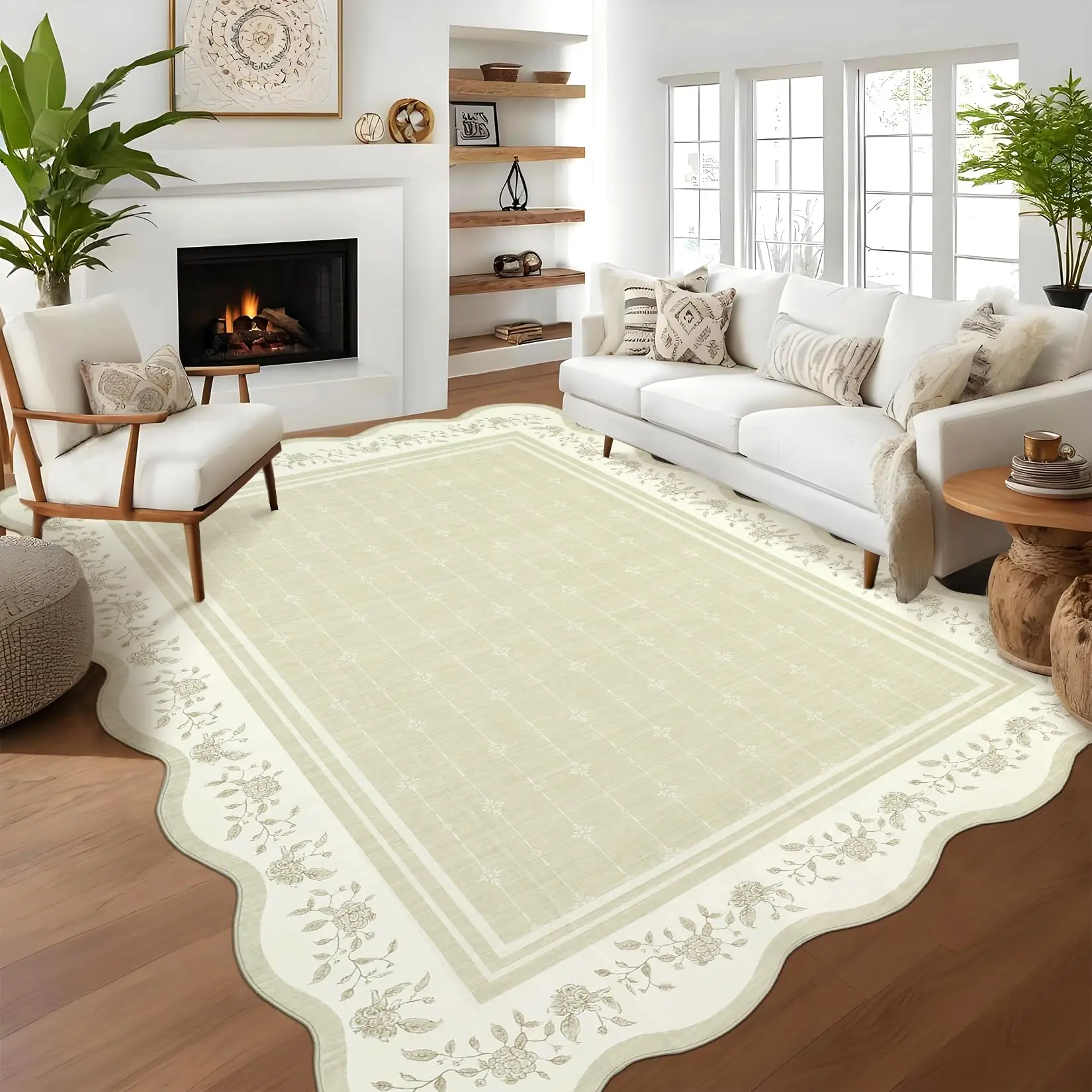 8'x10' Beige Scalloped Edge Washable Area Rug, Foldable Low Pile Stain Resistant Floor Carpet, Under Bed Rug for Living Room, Bedroom, Dining, Office & Play Room