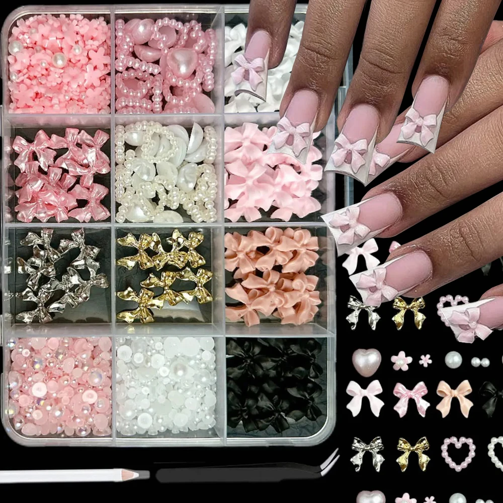 

3D Mixed Ribbon Bow Nail Charms Kit 500pcs Resin Flower Bow Pearls Heart Nail Art Decoration Tweezer + Pick Up Drill Pen as Gift