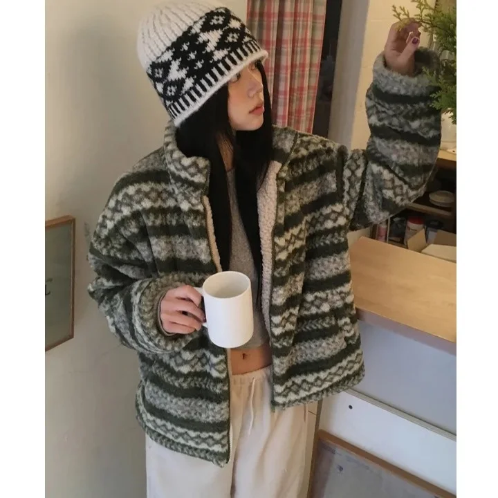 Dames Lamsfluweel Fce Gevoerde Katoenen Jaet Jas Nordic Sle Fair Isle Patroon Warme Top Bovenkleding Winter Nieuwe Collectie