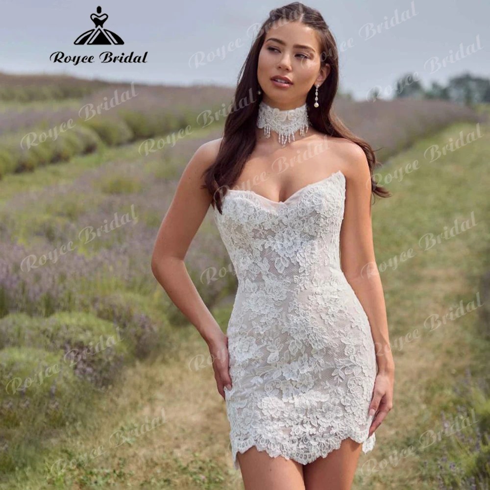 Strapless Lace 2-in-1 Wedding Dress Sweetheart Neckline Removable Overskirt Bridal Mini Dress with Chapel Train Customized