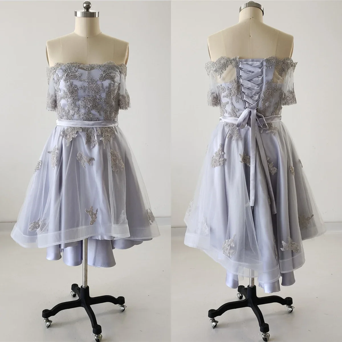 Real Photo Prom Gowns Gray Lace Tulle Boat Neck Short Sleeve Off The Shoulder Lace High/Low Tea Length Women Party Formal Dress