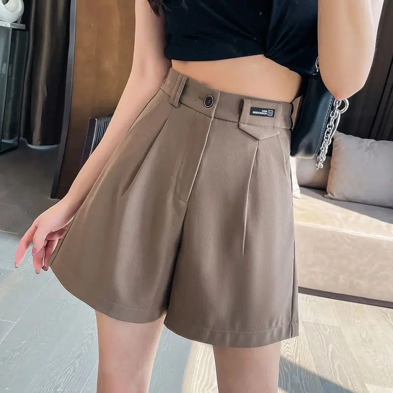 Summer Solid Color High Waist Button Zipper Pockets Women's Clothing Casual Trouser Suits Knee Pants Office Lady Wide Leg Shorts