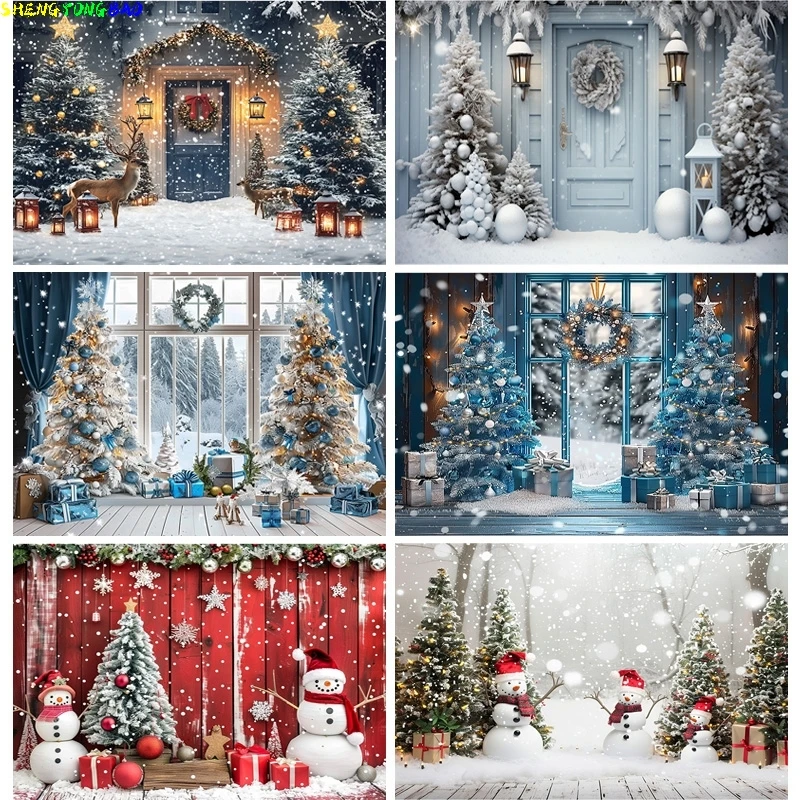 

Christmas Tree With Gift Boxes Photography Backdrops Winter Snow Decorations Wooden Door Fireplace Room Background Props WR-19