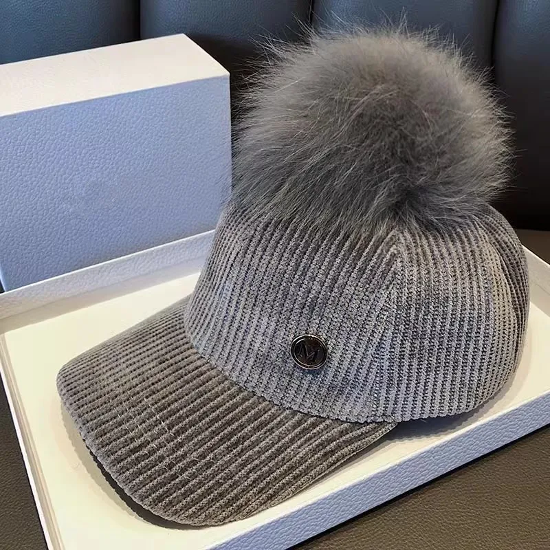 202310-shi  ins CHIC autumn corduroy big real fur pompon leisure lady baseball hat  women leisure visors cap